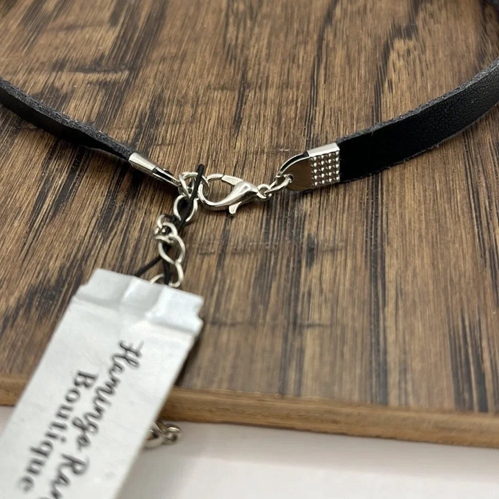 Faux Pearl floats on a Brown Leather Necklace. Choker 70’s vibe Silver Tone
